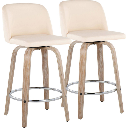 Toriano 26" Swivel Counter Stool in White Washed Wood & Cream Leatherette & Chrome (Set of 2)